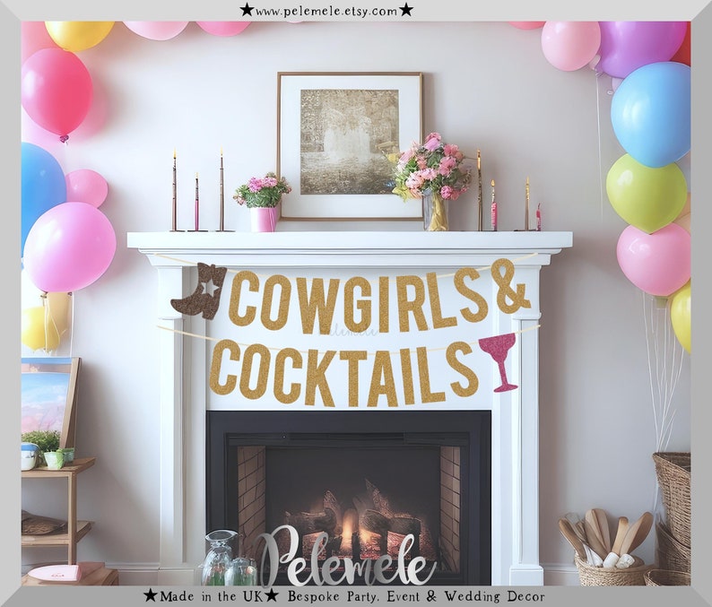 Glitter Cowgirls & Cocktails Banner - Country Hen Party Banner, Bachelorette Party Banner, Western Bride, Engagement Banner, Cowgirl Bach image 1
