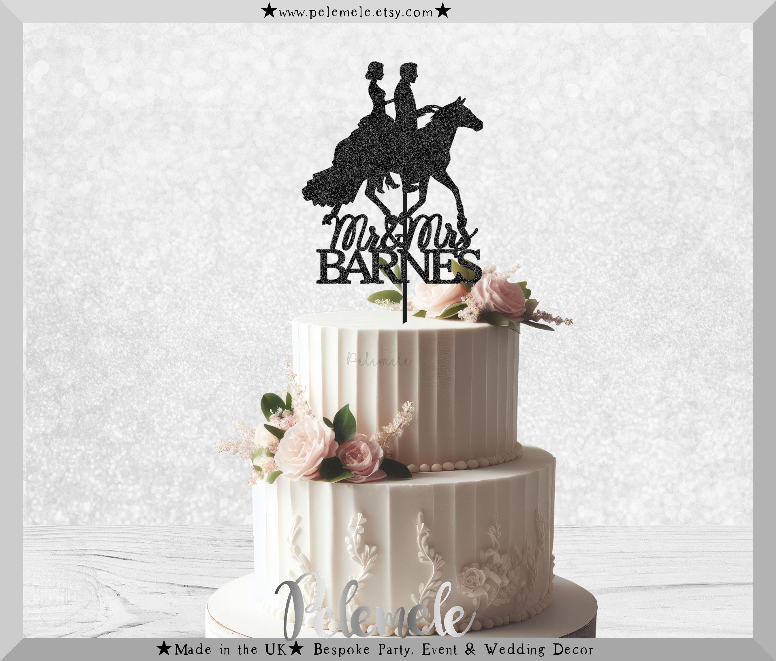 Mr & Mrs Kissing On Horse Cake Topper - Custom Acrylic Wedding Topper For Bride & Groom
