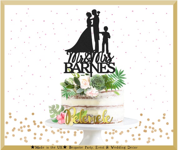 Family Cake Topper/_Bride /& Groom with little boy/_Custom wedding Cake Topper silhouette with last name and children/_Mr and Mrs topper