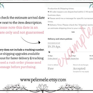 May include: A white background with black text outlining the estimated delivery time for a product. The text reads "Please check the estimate arrival date below next to the item description. Please note this date is an estimate only and not guaranteed." The text also reads "Standard delivery does not include a tracking number. We do have shipping upgrades available during checkout for faster delivery & tracking. If you do need a rush order please send us a message before purchasing."
