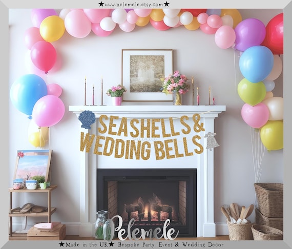 Glitter Seashells & Wedding Bells Banner - Beach Hen Party Banner, Bachelorette Party Banner, Coastal Engagement Banner, Beach Bachelorette