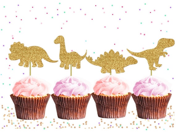 Glitter Dinosaur Cupcake Toppers Dinosaur Birthday Cupcake Etsy