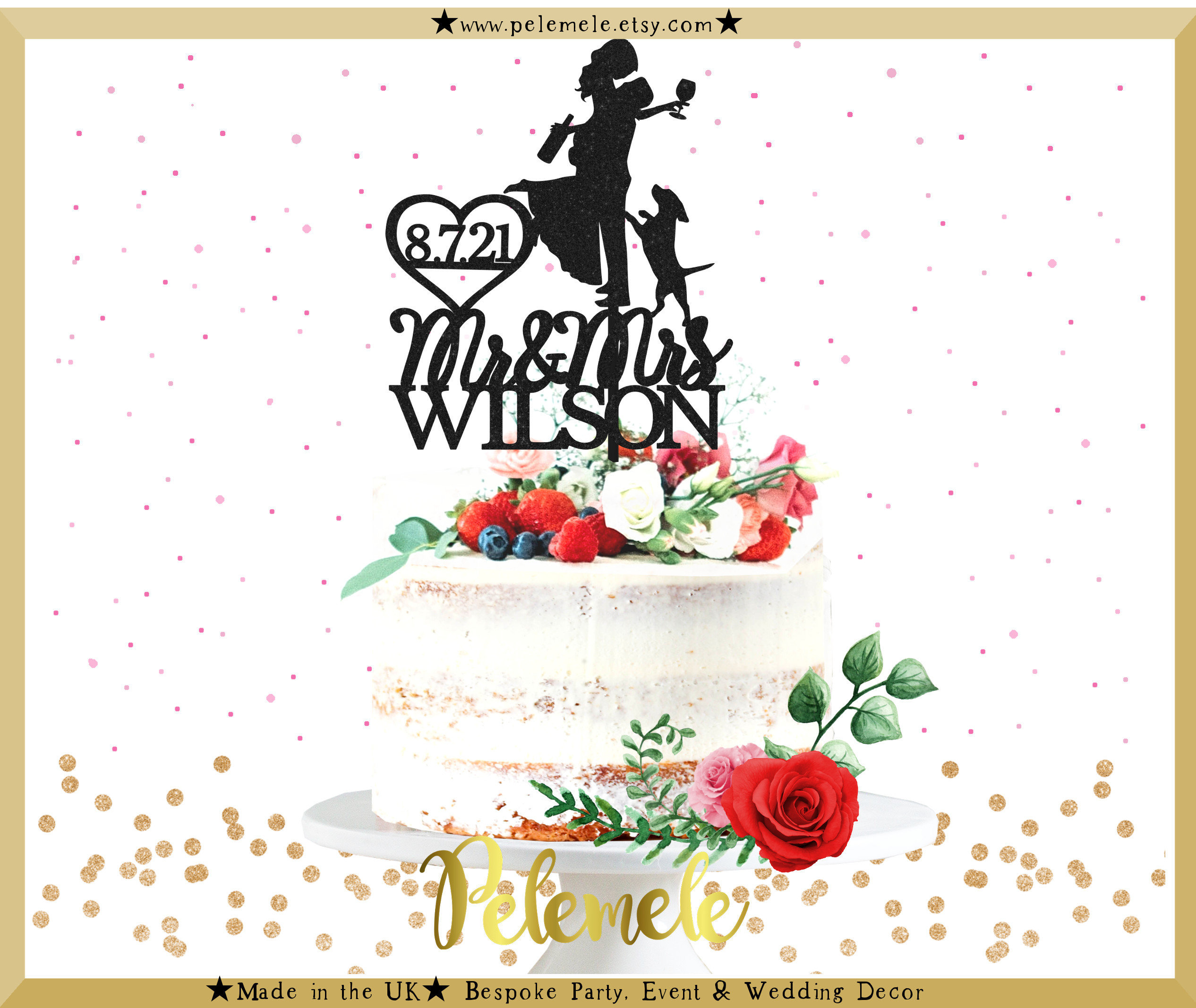 Mr & Mrs Dogs Gold Acrylic Wedding Day Cake Topper Silhouette Vintage Bride 