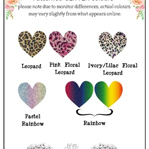 May include: A graphic showing 5 different glitter colors for crafting. The colors are: Leopard, Pink Floral Leopard, Ivory/Lilac Floral Leopard, Pastel Rainbow, and Rainbow.