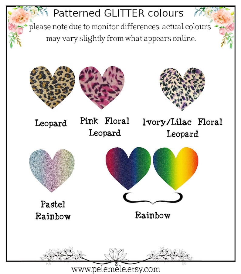 May include: A graphic showing 5 different glitter colors for crafting. The colors are: Leopard, Pink Floral Leopard, Ivory/Lilac Floral Leopard, Pastel Rainbow, and Rainbow.