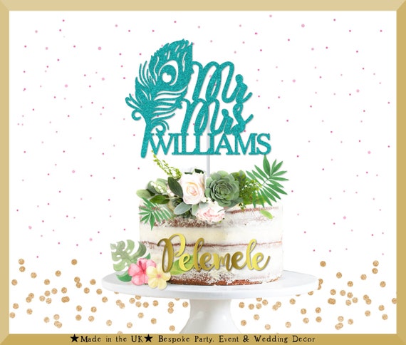 Glitter Mr Mrs Peacock Feather Cake Topper Wedding Cake Etsy