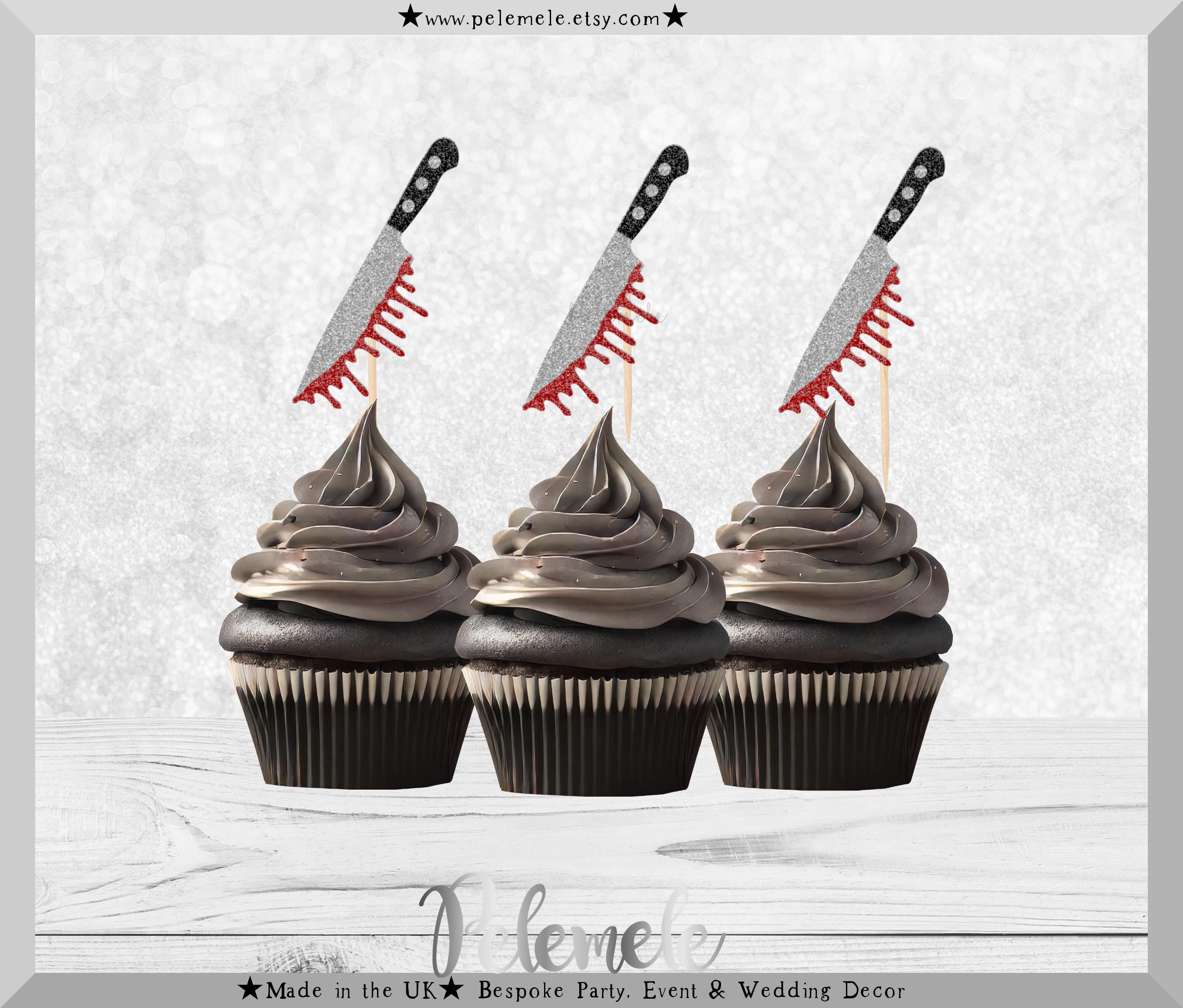 Décorations Cupcakes Halloween Couteau Sanglant - Lot De 12 Pics à Paillettes Pour Gâteau Effrayant