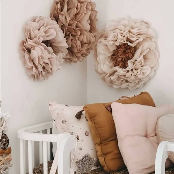 Two oversized and one large size paper flowers 3 pieces. Amazing flower backdrop wall. Wedding centerpiece. Breathtaking wall decor.