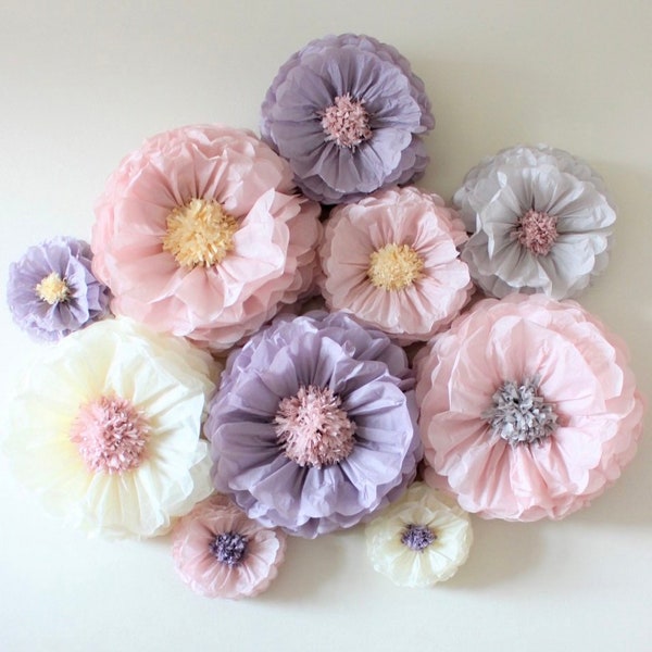 Set of 15 units assorted sizes Tissue paper Flower Blooms Ash Pink Ash Lilac Ivory