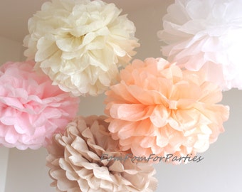 Set di 12 (6L/6M) Pom Pom pom in tessuto appeso - Battesimo - Battesimo - Matrimonio - Baby shower - Sposa - Decorazione per feste di compleanno