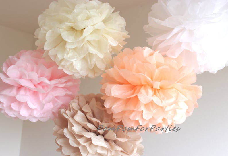 Set of 12 (6L/6M) Hanging Tissue Pom Poms - Baptism - Christening - Wedding - Baby shower - Bridal - Birthday party decoratio 