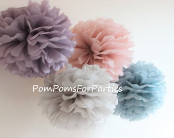 Set of 12 units mixed size Tissue paper Pom Poms Ash pink Ash lilac Pale grey Ash blue set