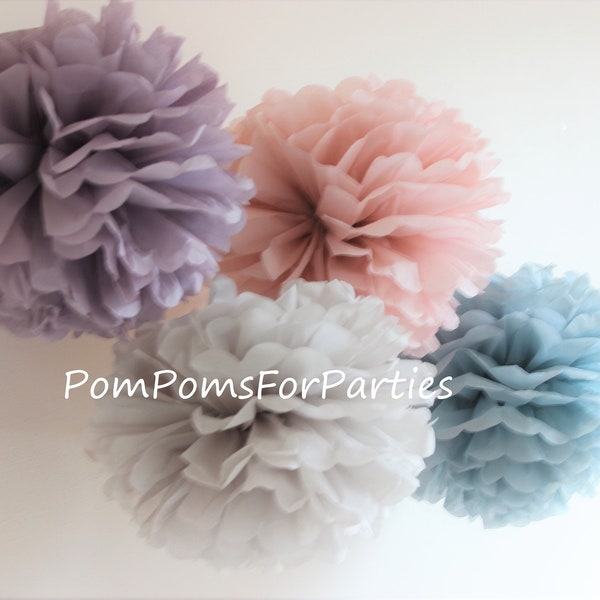 Set of 12 units mixed size Tissue paper Pom Poms Ash pink Ash lilac Pale grey Ash blue set