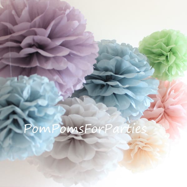 Set of 18 Pastel silk paper Pom Poms - Ash pink Ash lilac Ash blue Champagne - Vintage Wedding Party - Bridal Shower - Nursery Decorations