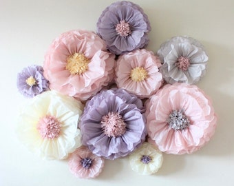 Oversized paper flowers 6 units Ash pink/Ash lilac/Ivory Vintage party centerpiece. Rustic boho wall decor. Breathtaking Blooms.