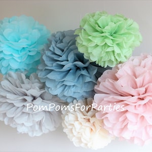 10 (6L/4M) Silk Paper Pom Poms - Vintage - fluffy soft pom poms - birthday party - baby shower - bridal party - DIY nursery decorations