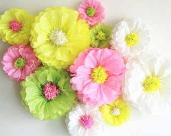 10 units of paper flowers. Neon yellow Bright Pink Neon Green. Bold party centerpiece. Breathtaking Blooms.