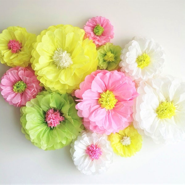 10 units of paper flowers. Neon yellow Bright Pink Neon Green. Bold party centerpiece. Breathtaking Blooms.