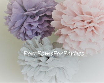 Set of 6 (3M/3S) Mixed Size Tissue Paper Pom Poms - Vintage rose decorations - Ash pink / Ash lilac / pastel colors - unique DIY pom poms