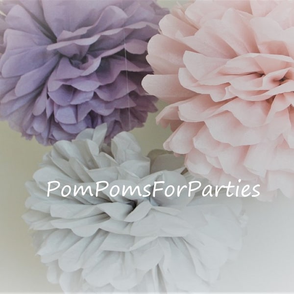 Set of 6 (3M/3S) Mixed Size Tissue Paper Pom Poms - Vintage rose decorations - Ash pink / Ash lilac / pastel colors - unique DIY pom poms