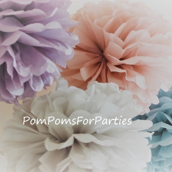 15 (5L/5M/5S) mixed size Tissue Paper Pom Poms - Smokey shades - Vintage party decorations - Ash lilac Ash pink Ash blue Nursery centerpiece