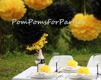 6 Large size PomPoms - Yellow/Black Collection Hanging  Paper flower - Bright colors pop - Tissue paper pom poms
