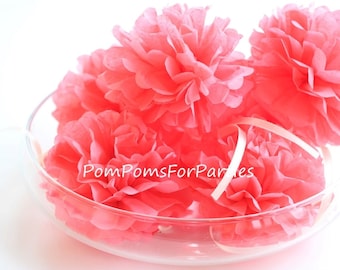 10 Mini pom poms Coral Pink - Full fluffy blooms - Napkin Rings Present Wrapping Table Centerpieces DIY unique vintage decorations