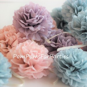 50 SMALL Tissue Paper Pom poms for your festival - Blush colors Pastel Ash pink Ash lilac Ash blue Birthday Party - Wedding - Baby shower