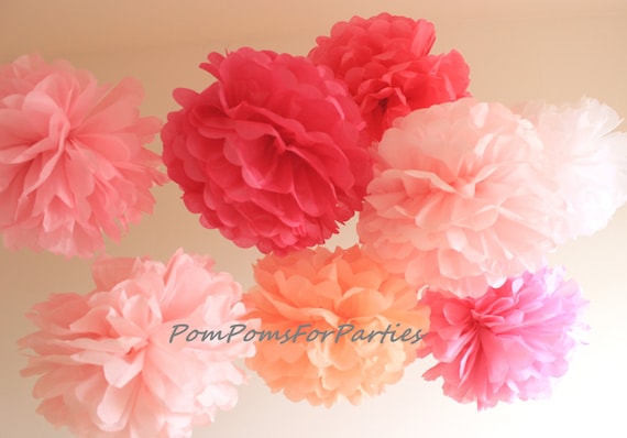 12 LARGE size Tissue Paper Pom Poms - Hot pink collection - baby
