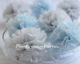 6 MEDIUM Size Tissue Pom Poms - Sky Blue Pale Grey collection - Frozen - Tissue paper balls - Tissue paper pom poms - Tissue flowers