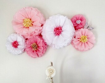 Oversized paper flowers 6 units. Flower backdrop wall. Nursery centerpiece. Romantic wall decor. Princess party decorations. Pink. White