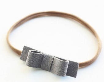 Suede Headband, Grey Hairband, Gray Bow, Small Bow, Leather Headband, Tiny Hair Bow, Infant Headband, Newborn Headband, Baby Headband, Mini