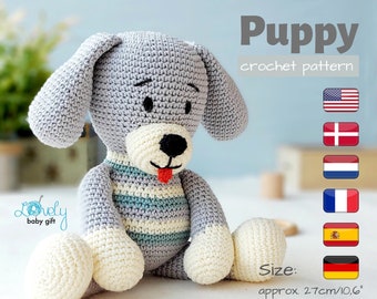 Amigurumi Puppy Pattern, crochet dog stuffed animal tutorial, handmade idea to diy plush pet toy crochet pattern, baby shower gift, CP-124