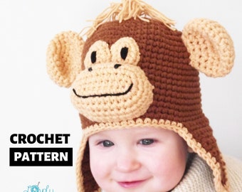 Earflap Monkey Hat Crochet Pattern, crochet beanie pattern for kids, babies, toddlers, children, crochet hat pattern, pdf tutorial, CP-302