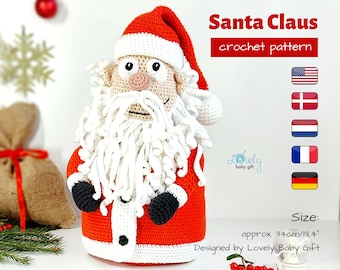 May include: Crochet pattern for a Santa Claus doll, approximately 34 cm tall. The doll is wearing a red and white suit with a white beard and black gloves. The pattern is available in English, Danish, Dutch, French, and German.