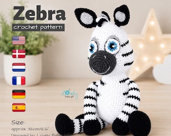 Patrón de cebra a crochet en PDF, juguete de cebra amigurumi, patrón de peluche de animalito adorable para bebé, regalo para guardería hecho a mano, peluche fácil de tejer a crochet