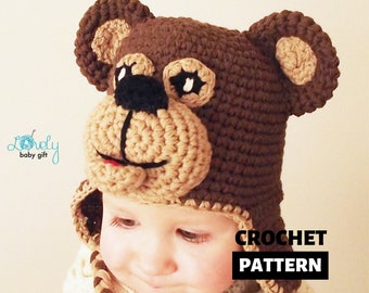 CROCHET PATTERN - Earflap Bear Hat Crochet Pattern, Baby Winter Hat, Beanie, CP-301