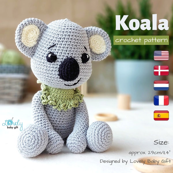 Patrón de Ganchillo Koala - Tutorial PDF Amigurumi Peluche en Inglés, Danés, Holandés, Francés y Español - Descarga Instantánea