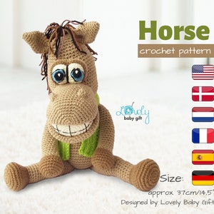 May include: Crocheted horse amigurumi toy with brown fur, green scarf, and blue eyes. The toy is sitting on a white surface. The image includes the text "Horse crochet pattern" and "Size: approx. 37cm/14.5"