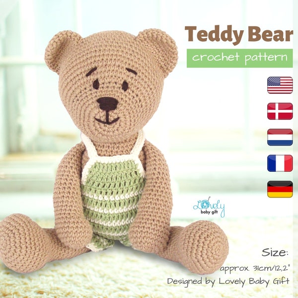 Amigurumi Crochet Pattern for Teddy Bear in Overalls