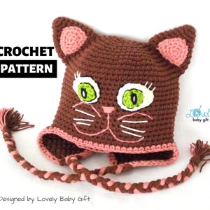 Easy Crochet Hat Pattern, kitty cat hat crochet pattern, earflap cat ear hat, baby, toddler, kid, child sizes, autumn crochet beanie, CP-305