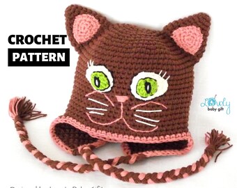 Easy Crochet Hat Pattern, kitty cat hat crochet pattern, earflap cat ear hat, baby, toddler, kid, child sizes, autumn crochet beanie, CP-305