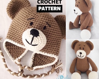 Set of Crochet Patterns, Amigurumi, Bear Crochet Pattern, Bear Hat Pattern Crochet, Bear Hat and Bear Toy Crochet Set, Bear Doll