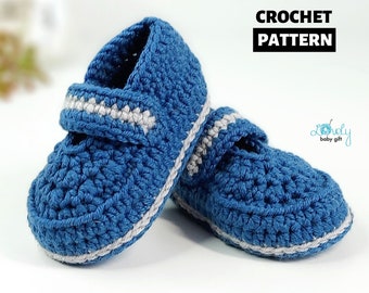 May include: Crochet pattern for baby shoes. The shoes are blue with a white trim and a strap. The pattern is designed by Lovely Baby Gift.