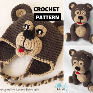 Crochet Patterns: Amigurumi Bear Toy and Earflap Animal Hat Set