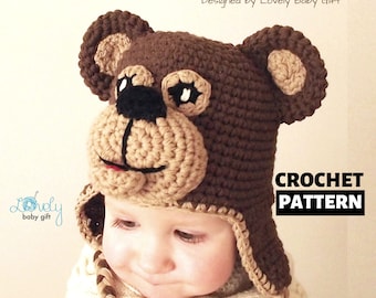 Crochet PATTERN Earflap Bear Hat, Crochet Animal Hat Pattern, Crochet Hat Pattern, Baby, Toddler, Child, Kid tailles, Baby Shower Gift,CP-301