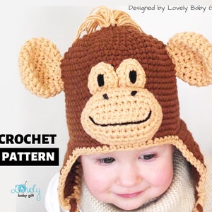 PDF Crochet Hat Pattern, Baby, Toddler, Kid, Child sizes, earflap monkey hat crochet pattern, crochet beanie pattern, earflap beanie, CP-302