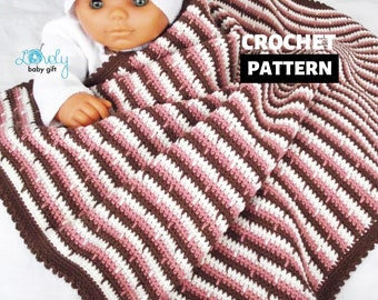 Crochet Baby Blanket Pattern in White, Brown and Pink Stripes - Perfect Size for Car Seat and Pram - Instant Download PDF