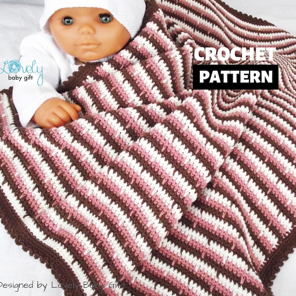 Crochet Baby Blanket Pattern in White, Brown and Pink Stripes - Perfect Size for Car Seat and Pram - Instant Download PDF