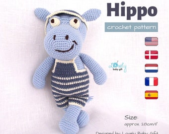 Modèle de crochet : Hippopotame en salopette Amigurumi Toy Tutorial - Téléchargement instantané